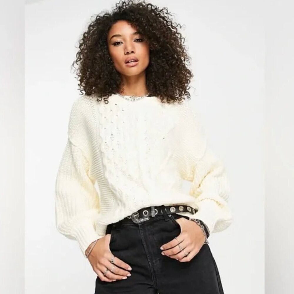 Free People Dream Cable Crew Neck Sweater Cream XS Classic Preppy Boho Oversized